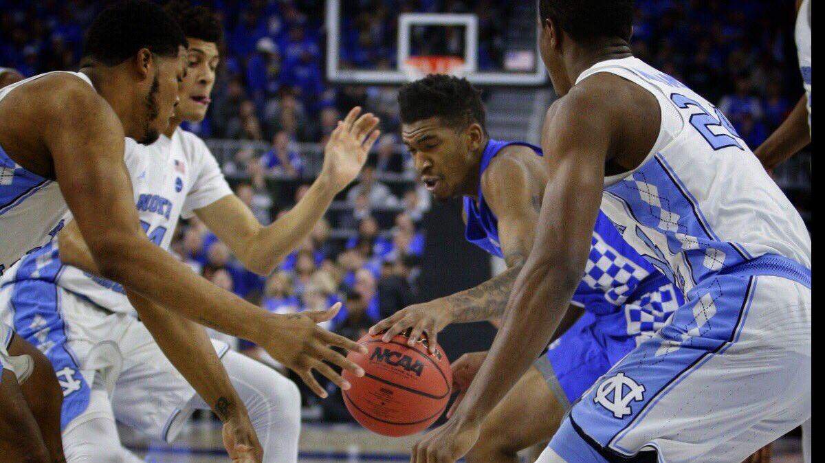 Kentucky's Malik Monk was surrounded by North Carolina defenders on Saturday in Las Vegas.