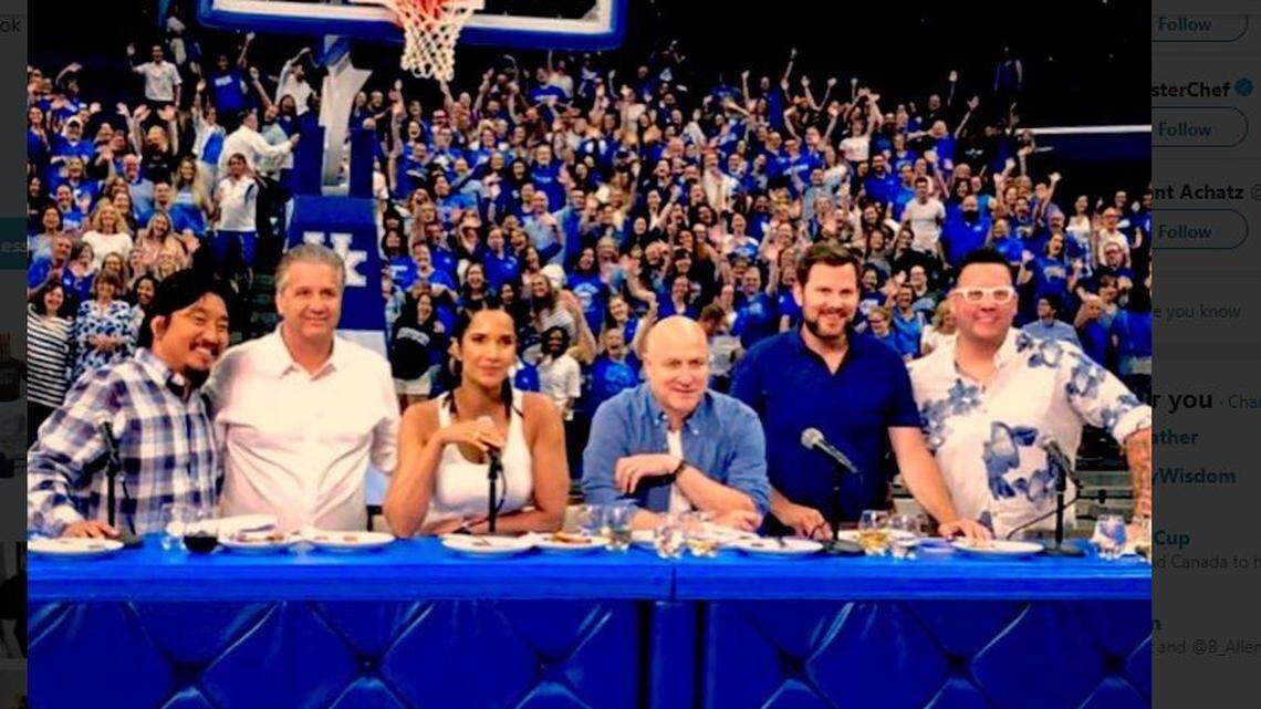 “Top Chef” judge Graham Elliot, right, posted this group shot to his Twitter feed from the filming in Rupp Arena with, from left, chef Ed Lee, coach John Calipari, host Padma Lakshmi, head judge Tom Colicchio and Food and Wine editor Hunter Lewis. Fans in the crowd reacted enthusiastically.