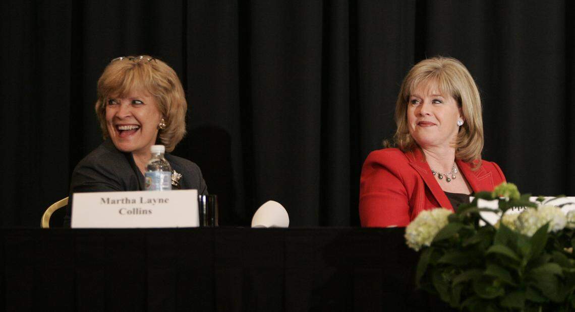 Former Gov. Martha Layne Collins sits next to Tipper Gore before they speak during the Women Leading Kentucky conference at the Radisson Plaza  Hotel in Lexington, Ky., on Tuesday, May 9, 2006. David Stephenson/Staff