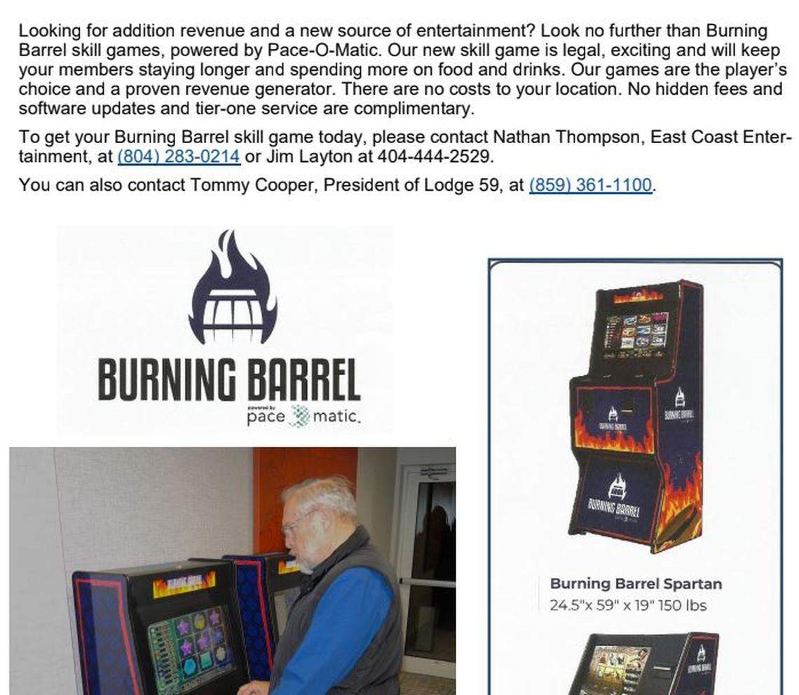 A company that makes unregulated gambling machines set up a display at the Kentucky State Fraternal Order of Police board meeting in the spring of 2021. The FOP is encouraging members to sign up for machines and get other places to sign up for a cut of the gambling revenue.