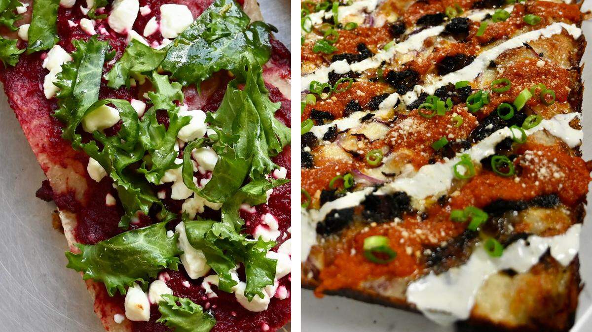 Two options for Lexington Pizza Week 2025: At left from Dingbats, the Ginsberg with pink beet pesto, goat cheese, endive, mimosa vinaigrette. And at right, Rise Up’s The Greatest of All Time topped with braised jerk goat, mozzarella and gouda, red onion, Scotch bonnet tomato sauce and finished with pineapple-lime crema, scallions and cilantro, on a sourdough Detroit-style crust.
