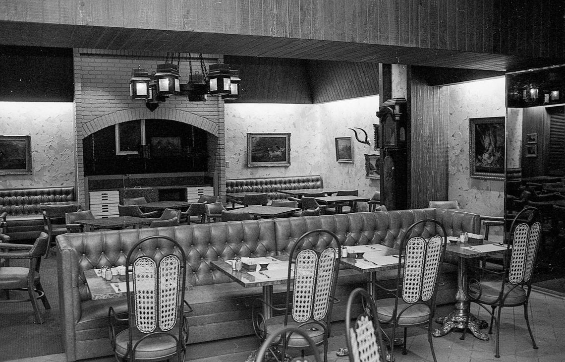 The dining room at the 120-seat Fox and Pheasant Restaurant at the new Shillito’s Department Store in Fayette Mall, Oct. 4, 1971. The restaurant, which had a large stuffed fox and pheasant at the entrance, was a focal point for the second floor of the store. Shillito’s first restaurant was designed with warm earthen tones and rugged accessories that gave the feeling of an 18th century hunting lodge. All of the artwork and stuffed animals came from Europe with many of the oil paintings being done by 18th and 19th century English painters.