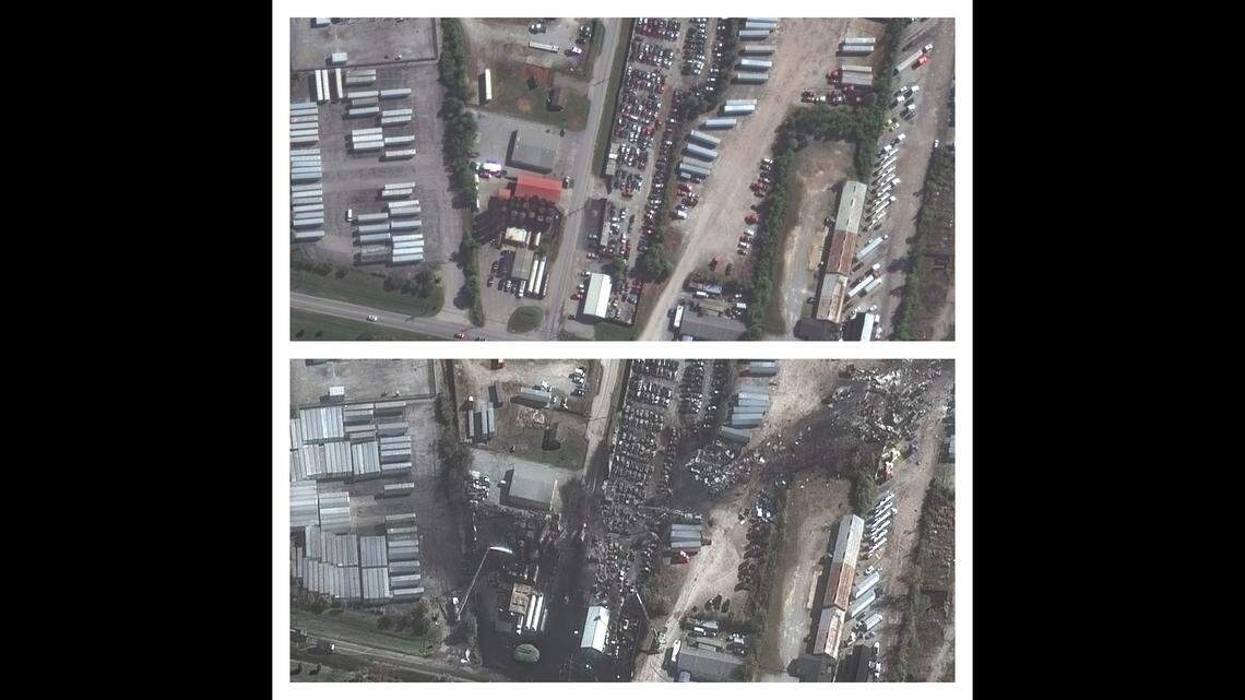Satellite imagery shows the before and after comparisons of GFL Environmental in Louisville, Ky. on Nov. 4, 2025.