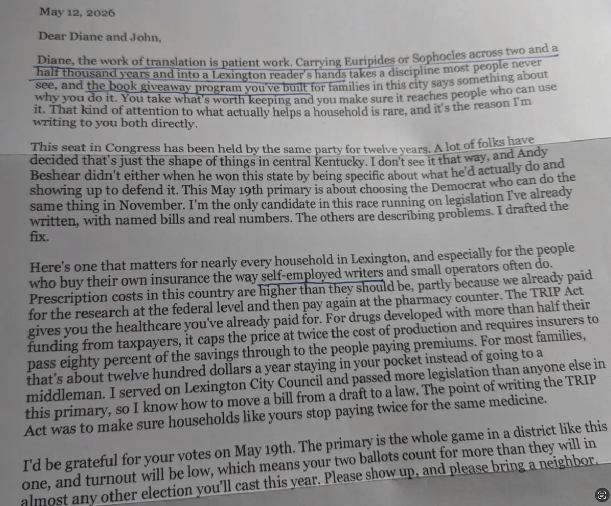 A letter from Kentucky 6th Congressional District Democratic candidate David Kloiber to Diane Arnson Svarlien’s household.