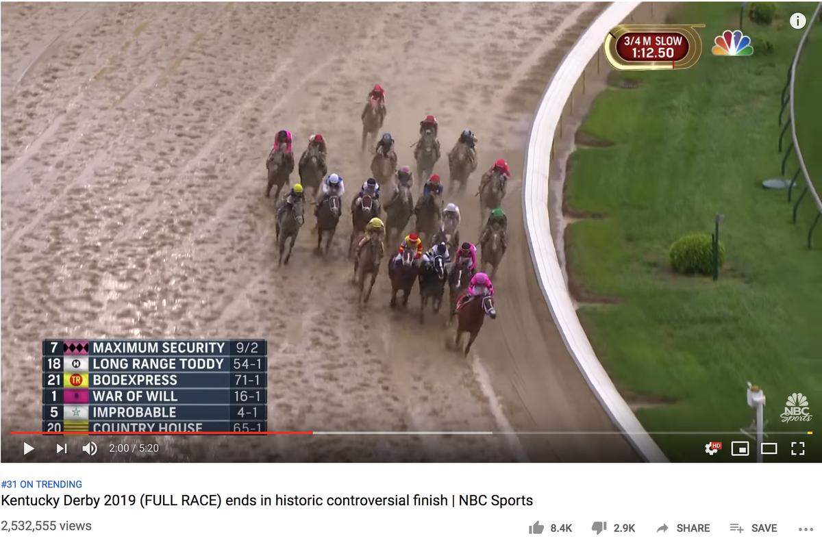 By the 2 minute mark, Maximum Security has moved outside the puddle line, and Casse said it appears jockey Luis Saez is looking back over his right shoulder as all the horses move out.