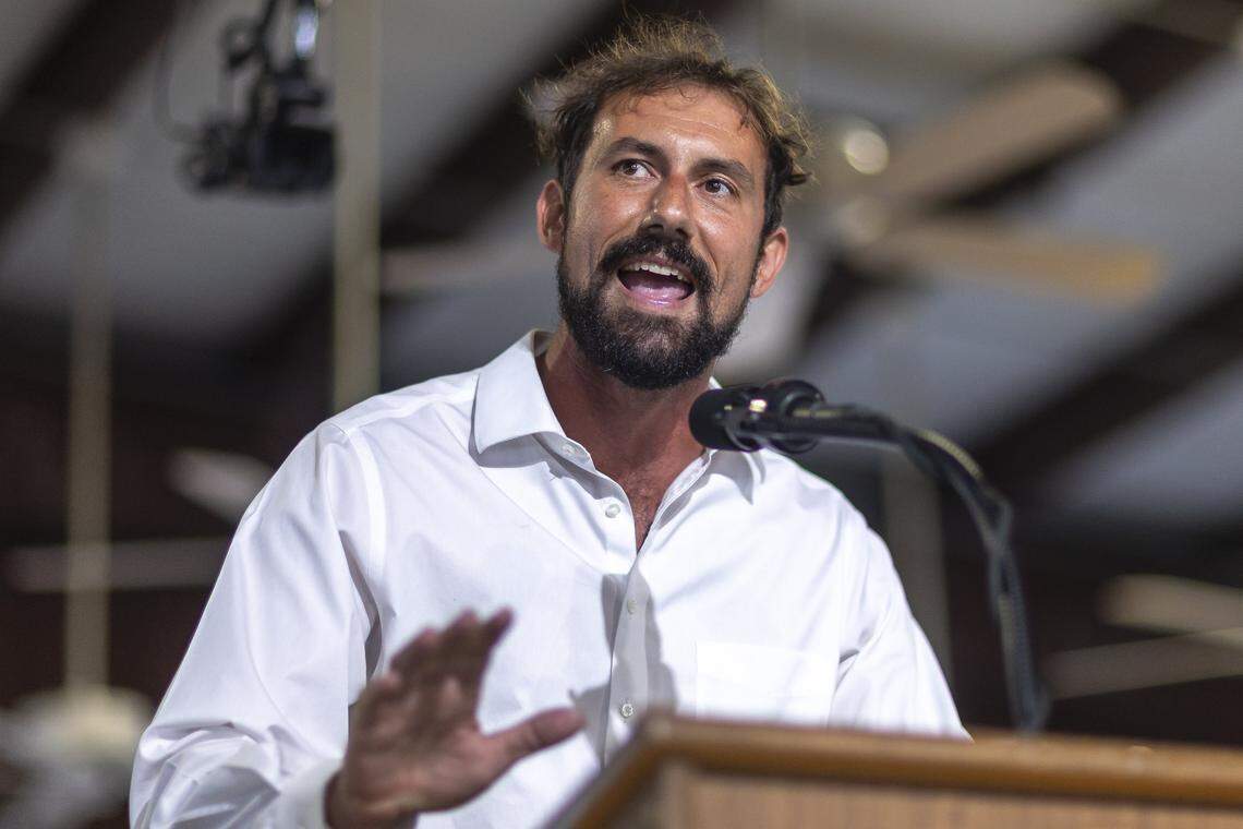 John “Drew” Williams, a candidate for U.S. Congress, delivers a speech during the 145th annual St. Jerome Fancy Farm Picnic in Fancy Farm, Ky., on Saturday, Aug. 2, 2025.