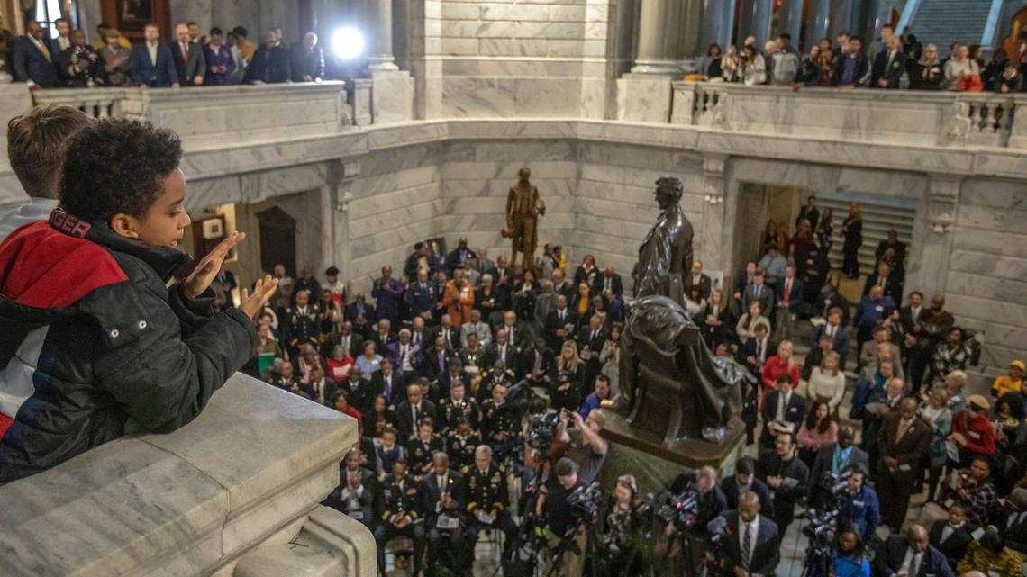 Students from West End School in Louisville listen as Kentucky Gov. Andy Beshar speaks during the Kentucky black legislative caucus’ annual Black History Month Celebration in the rotunda at the Kentucky state Capitol in Frankfort, Ky., Tuesday, Feb. 11, 2020.