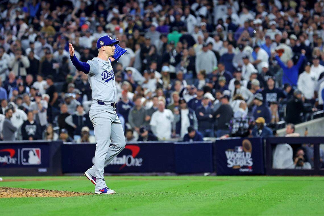 Henry Clay alumnus Walker Buehler (21) celebrated after recording the final three outs to allow the Los Angeles Dodgers to claim the World Series title by beating the New York Yankees 7-6 in Game 5 at Yankee Stadium.