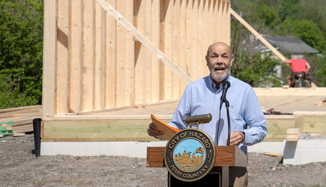 Hazard Mayor Donald “Happy” Mobelini speaks during a wall raising event where nonprofit Housing Development Alliance announced it is constructing a 15-home subdivision in the Allais area of Hazard, Ky., Tuesday, May 11, 2021.