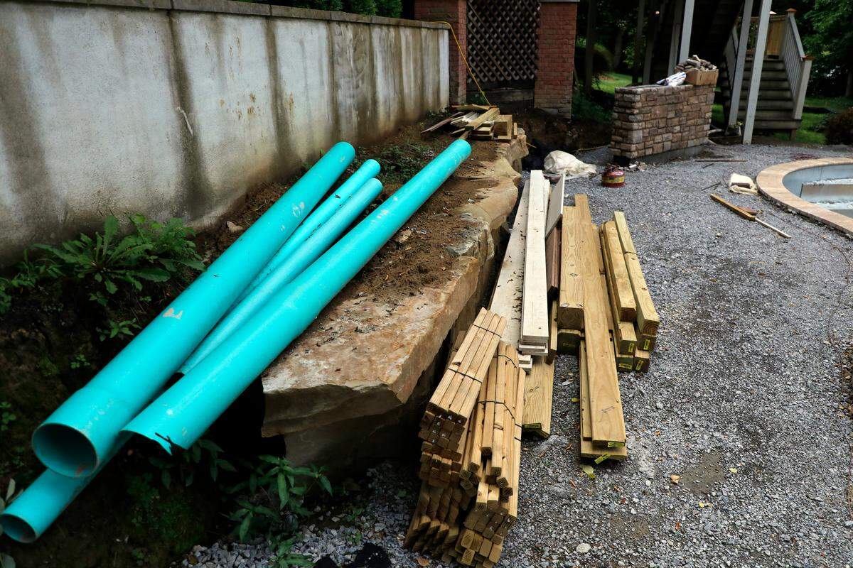 Workers abandoned supplies poolside at the Brogdens’ home in Lexington. Many homeowners with unfinished projects from Nature’s Expressions are wondering what they can do to get them finished or get their money back.