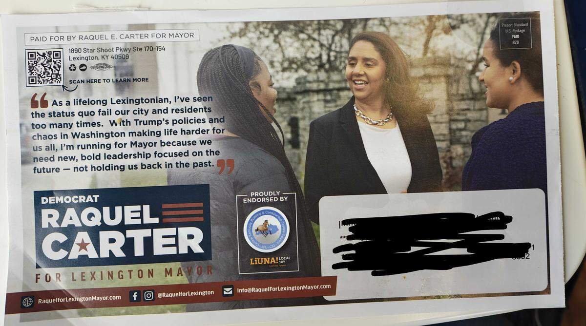 A campaign mailer from mayoral candidate Raquel Carter has drawn criticism from some for its partisan language.