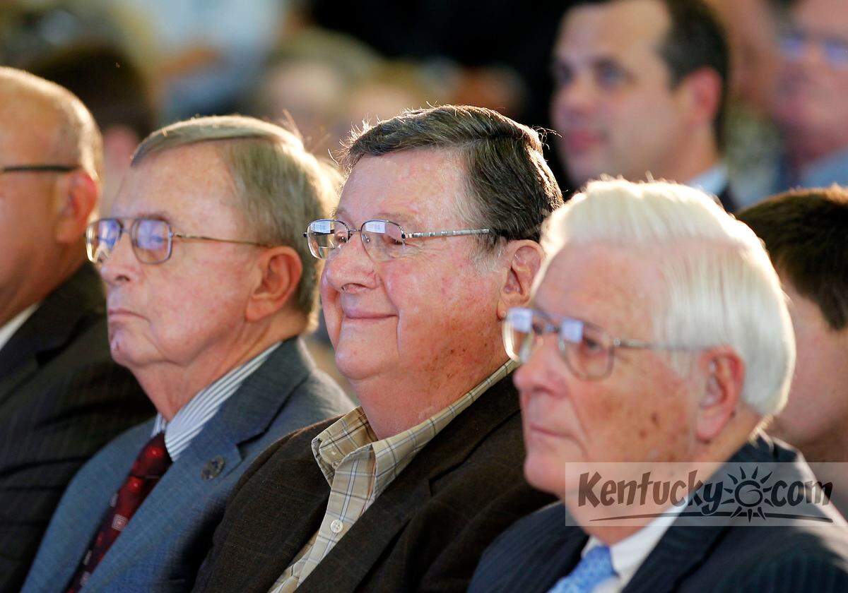 Former UK Coach Joe B. Hall, with council member Julian Beard on the left, and Cecil Dunn on the right, listened during an afternoon news conference concerning the plans for Rupp Arena held in the Lexington Center in Lexington, Ky., Wednesday, July 10, 2013. It was announced that architects NBBJ and the Hunt Construction Group have been selected to “reinvent” Rupp Arena. Among the speakers were former UK basketball coach Joe B. Hall, Lexington Mayor Jim Gray, and Ky. Gov. Steve Beshear. Photo by Charles Bertram | Staff