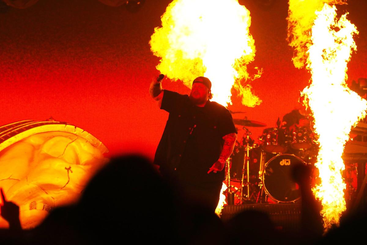 Pyrotechnics exploded for American singer, rapper, and songwriter Jelly Roll during a performance at Rupp Arena on November 8, 2024, in Lexington, Ky.