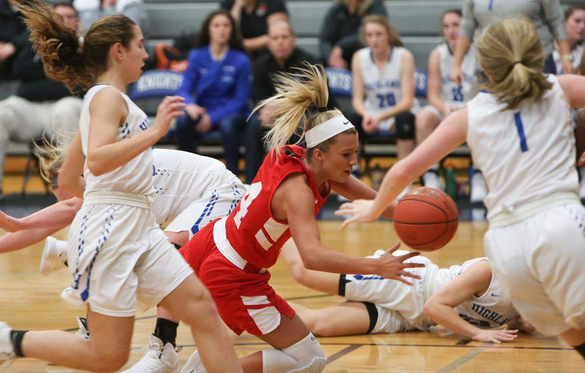 Boyd County’s Hayley Paynter lost control of the ball as she drew a foul Sunday night against Highlands in the finals of the Traditional Bank Holiday Classic at Lexington Catholic.