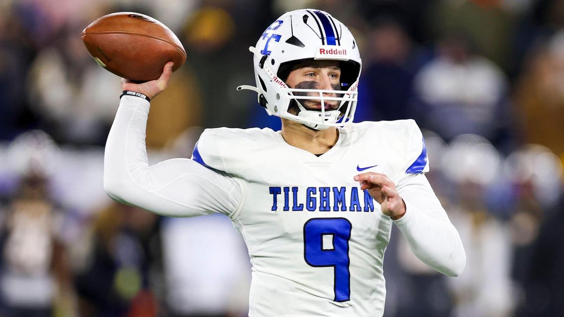 Paducah Tilghman’s Jack James completed 27 of 31 passes for 352 yards with a touchdown and an interception as the Blue Tornado beat Franklin County 27-20 in the Class 4A state championship at Kroger Field on Dec. 6, 2024.