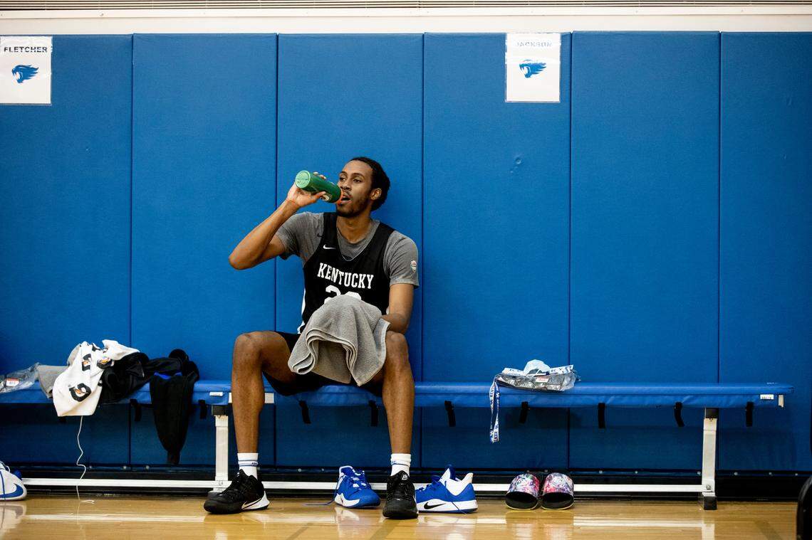 Isaiah Jackson took a break during practice. The Kentucky freshman is “a name that people will start talking about and mentioning as we start playing games,” assistant coach Jai Lucas said.