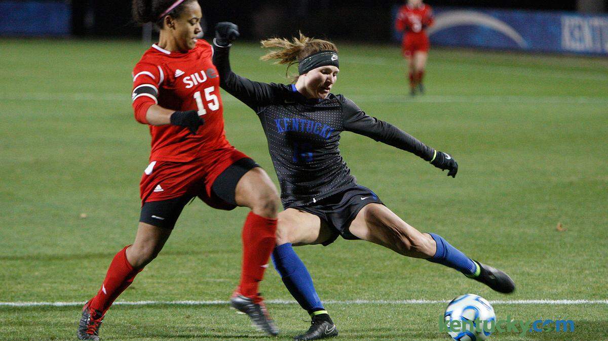 UK's Arin Gilliland shoots on goal against SIU Edwardsville's Samantha Jones during the first round of the NCAA Women's Soccer Championship at Bell Soccer Complex in Lexington, Ky., Saturday, November 15, 2014. Photo by Matt Goins