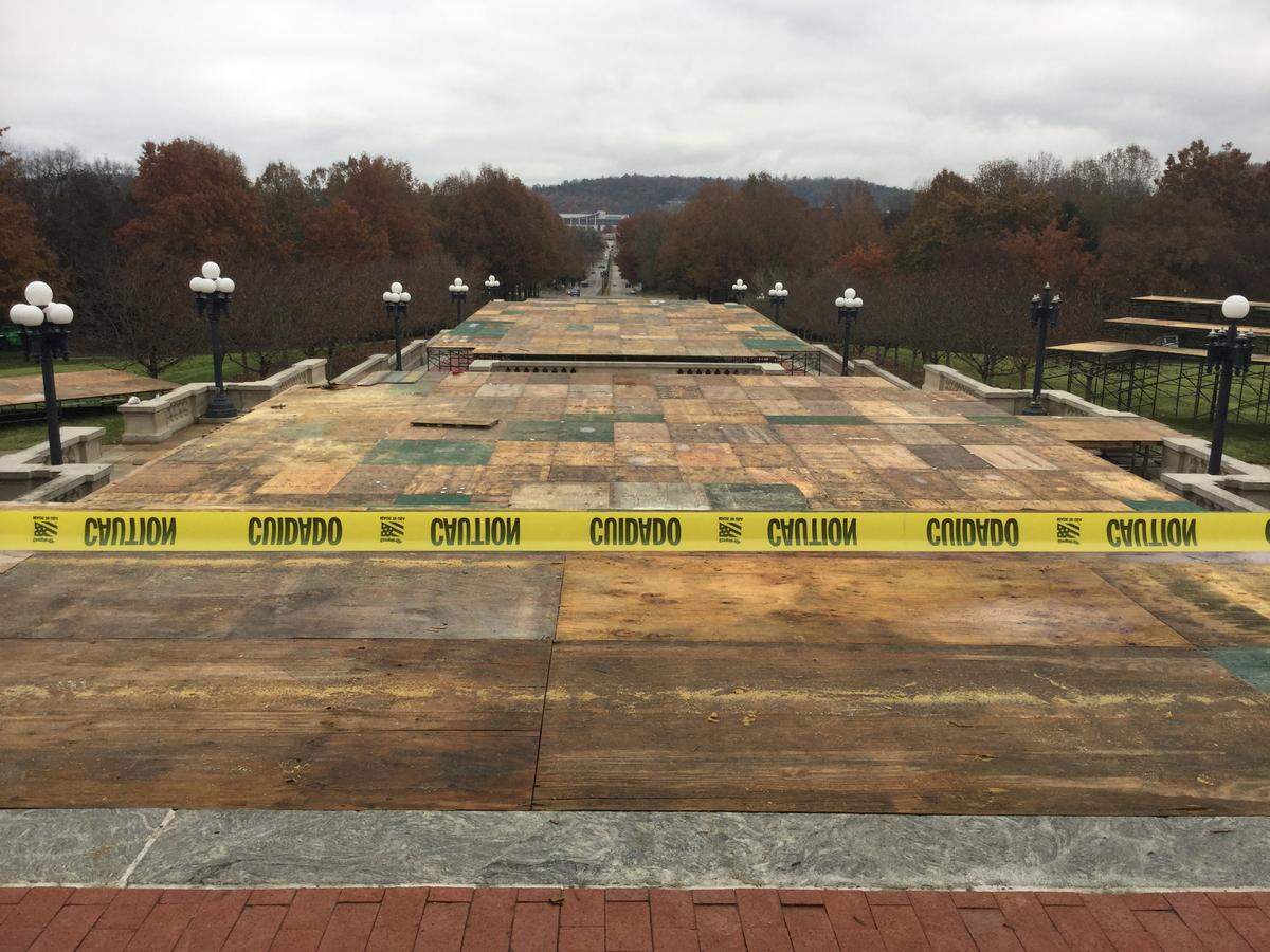 A sea of wood that will become a huge stage sits in front of the Kentucky Capitol in anticipation of the Dec. 10 inauguration of Gov.-elect Andy Beshear and Lt. Gov.-elect Jacqueline Coleman.