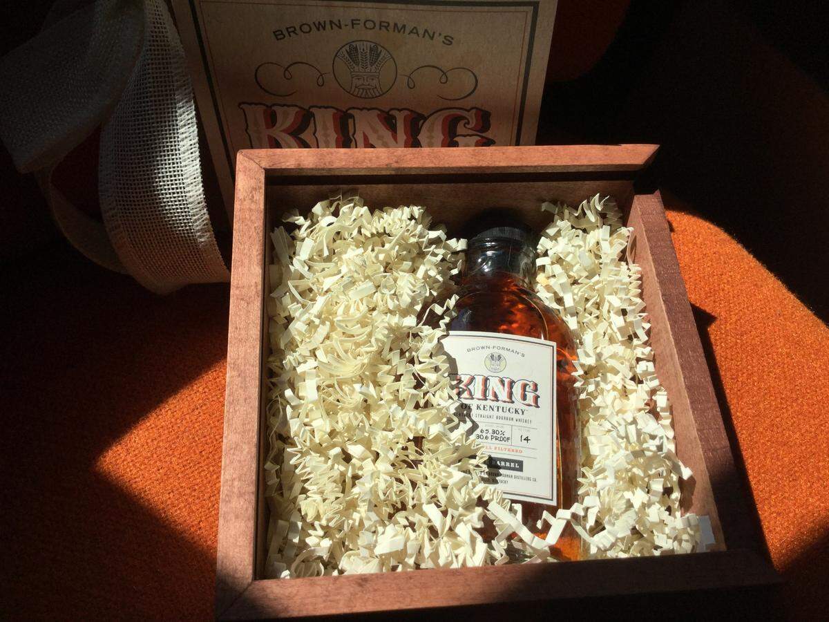 A tiny sample bottle of King of Kentucky, sent to journalists for sampling and reviewing. This version is as rich and flavorful as the previous two, just as expensive and likely to be elusive.