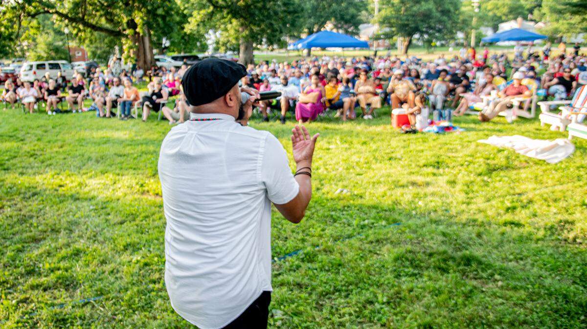 Hip-hop artist and activist Devine Carama performed with a Lexington Philharmonic string quartet for the “Beat of the Heartland” concert June 12 at Loudoun House.