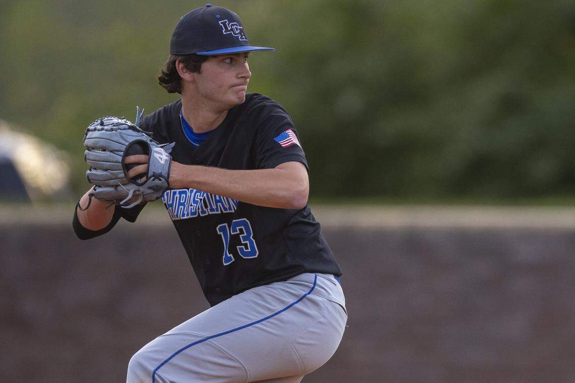 Lexington Christian's Joseph Seigler pitches during a game at Paul Laurence Dunbar High School in Lexington, Ky., on Tuesday, April 21, 2026.
