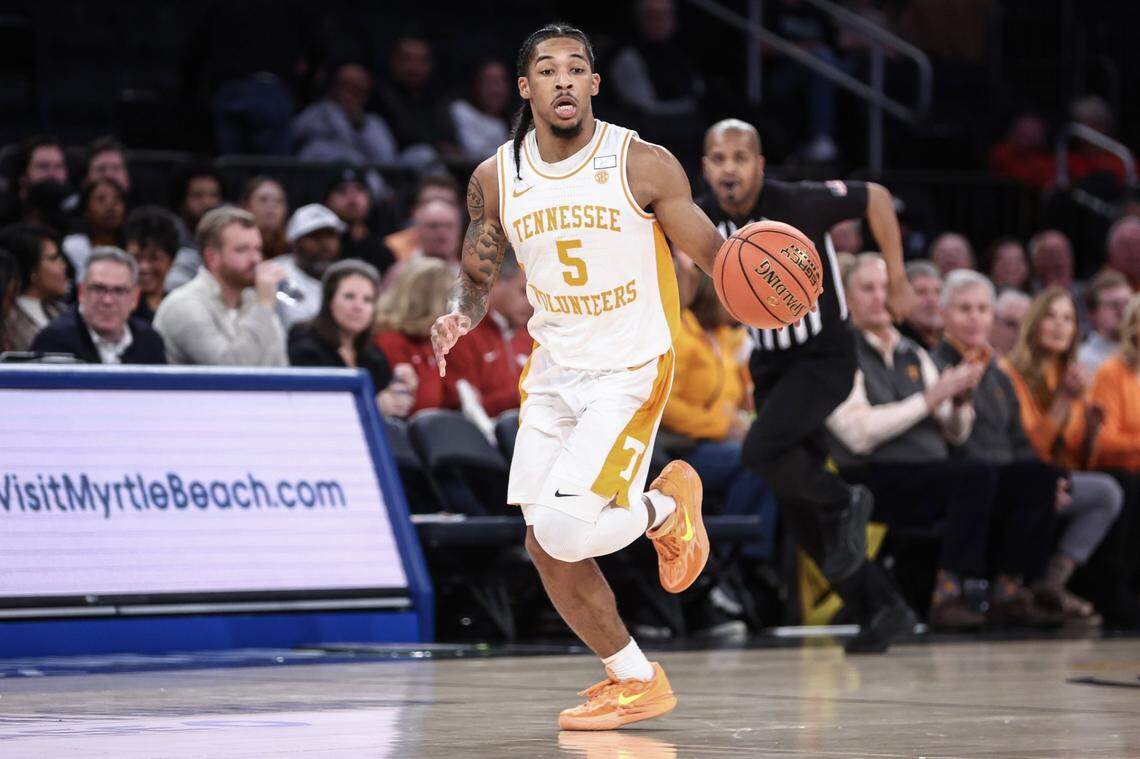 Zakai Zeigler (5) and Tennessee men’s basketball are 9-0 after Tuesday night’s 75-62 win over Miami (Fla.) at the Jimmy V Classic in New York City. The Lady Vols are also undefeated (7-0), and UT’s football team suffered only two losses this fall on its way to the College Football Playoff.