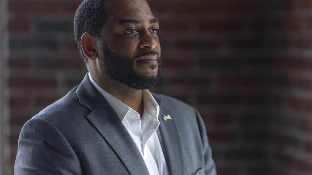 Charles Booker, a Democrat running for the U.S. Senate, is photographed at the Lexington Herald-Leader office in Lexington, Ky., on Thursday, April 2, 2026.