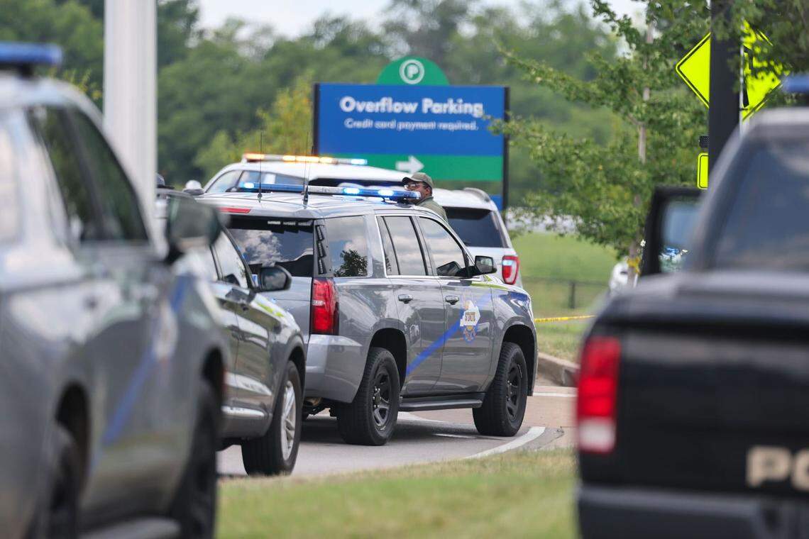 A Kentucky State Police trooper was shot at the Blue Grass Airport Sunday, according to police. KSP is investigating. The suspect fled to a church on Richmond Road and is dead.