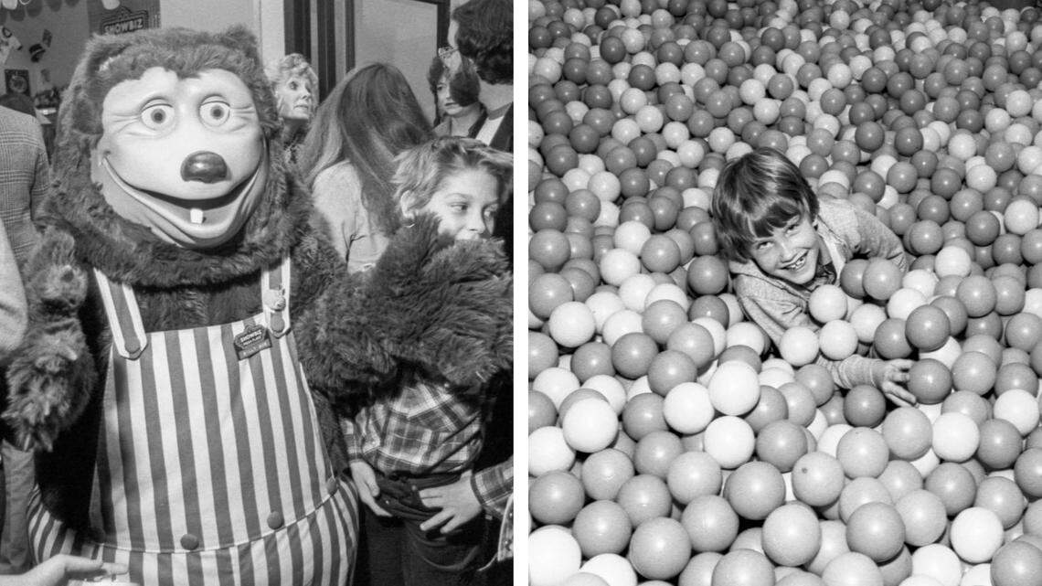 At left, Billy Bob, the ShowBiz Pizza Place mascot and at right, the Beach Ball Bear Swim ball pit, Wednesday, Jan. 4, 1984 at the Woodhill Circle Plaza pizza and family entertainment restaurant in Lexington, Ky.