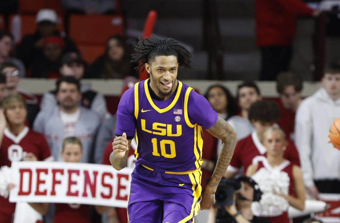 Feb 15, 2025; Norman, Oklahoma, USA; LSU Tigers forward Daimion Collins (10) reacts after scoring against the Oklahoma Sooners during the second half at Lloyd Noble Center. Mandatory Credit: Alonzo Adams-Imagn Images