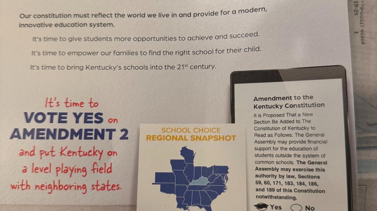 A new mailer from Kentucky Student First in favor of Amendment 2 invokes Gov. Andy Beshear, even though he opposes the measure.