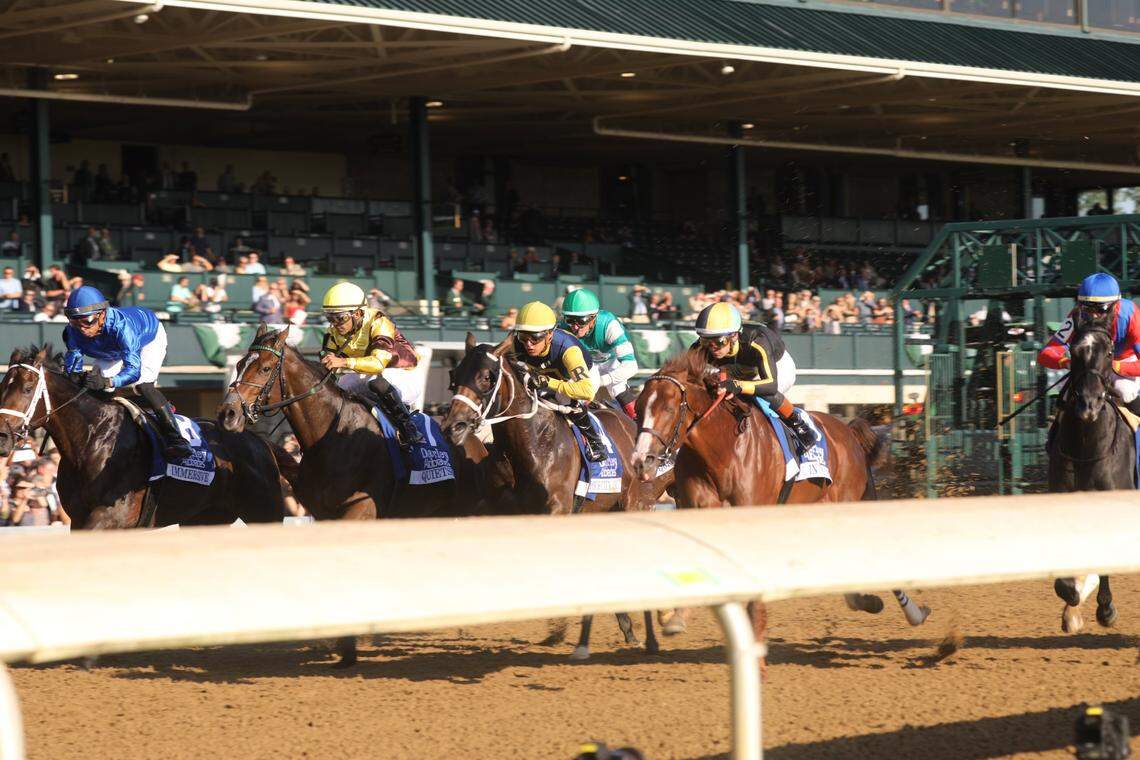 The field leaves the gate during the 73rd running of the Grade 1 Darley Alcibiades at Keeneland on Friday. One year into legalized sports gambling in Kentucky, most fears about thoroughbred racing suffering as a result have been allayed.