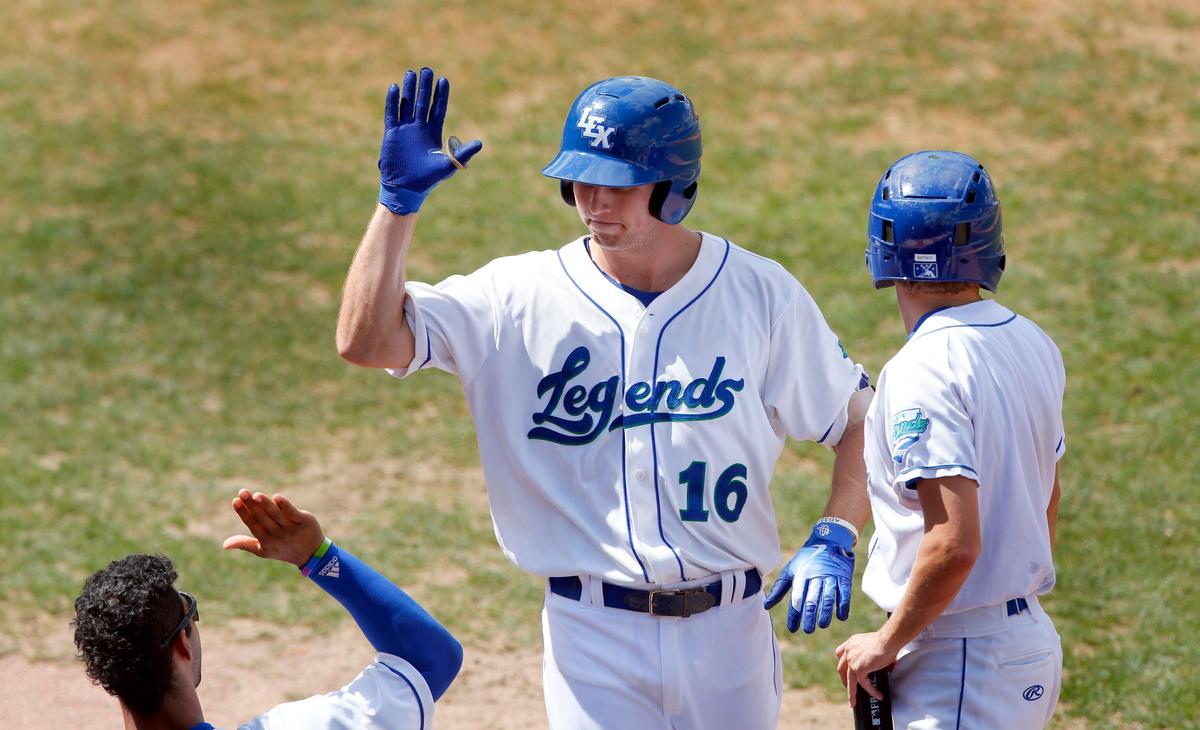 Legends left fielder Brewer Hicklen (16) was congratulated after hitting a solo home run in the bottom of the seventh inning at Whitaker Bank Ballpark on Wednesday.
