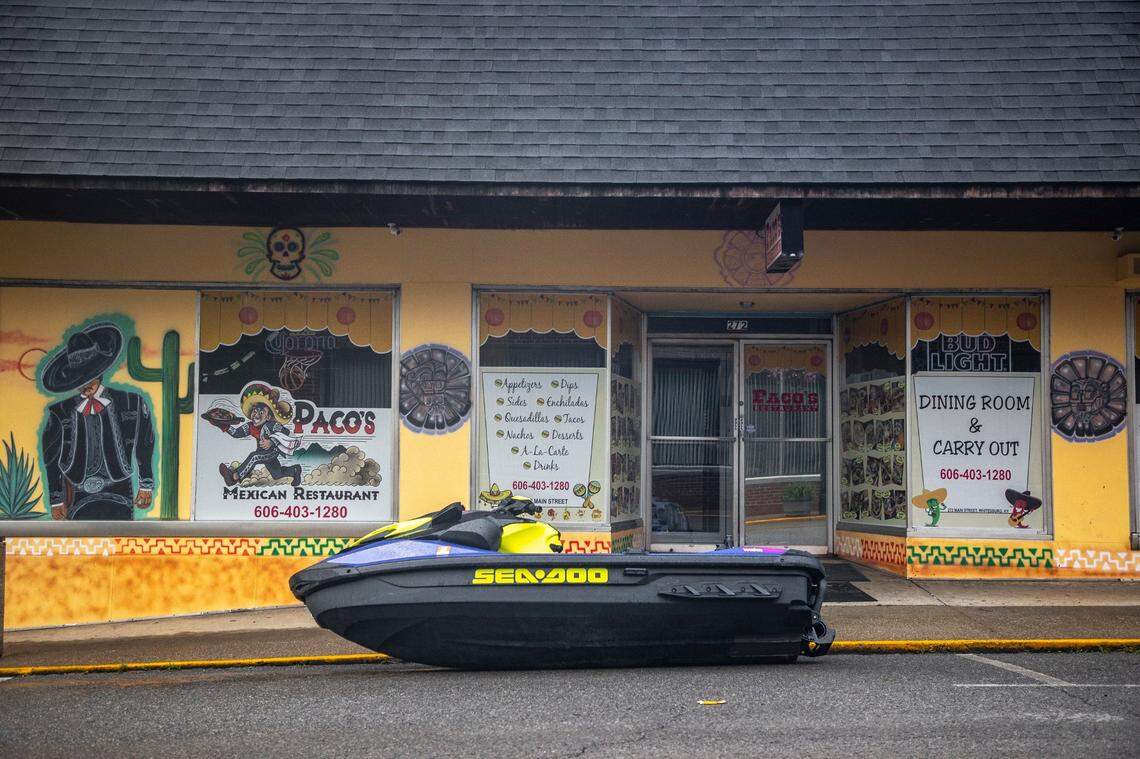 A Sea-Doo sits outside a restaurant in downtown Whitesburg, Ky., on Friday, July 29, 2022. Much of the community was submerged in flood waters yesterday. 