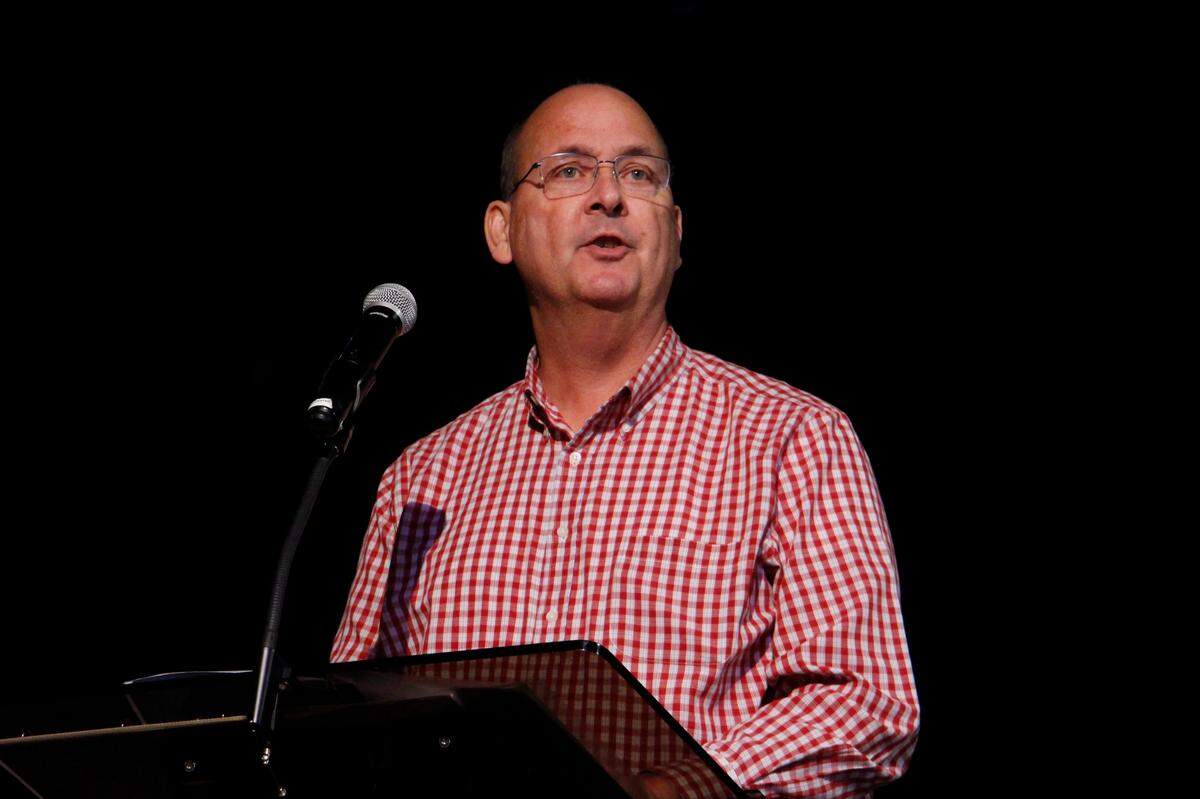Greenup County Judge-Executive Bobby Hall speaks Monday at a town hall meeting over the proposed Muskie Data Campus in Boyd County.
