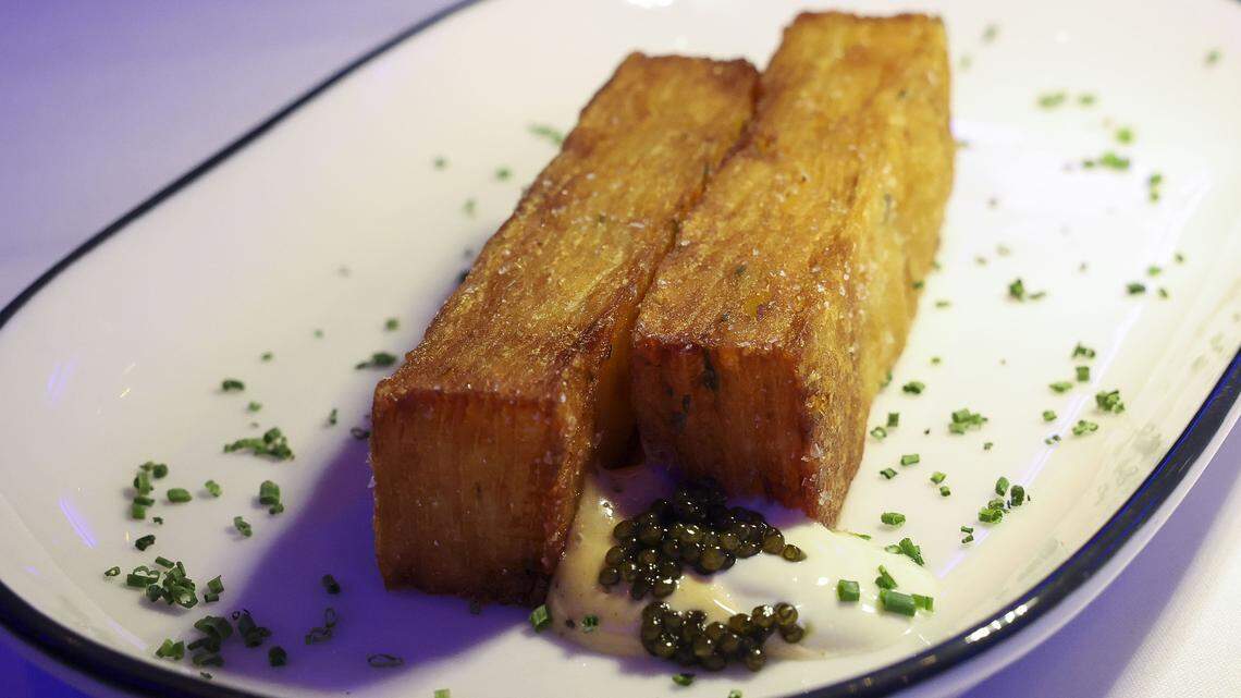 The compressed thyme potato appetizer with Old Bay aioli, creme fraiche, chive and roe ($28) from The V, the public restaurant at The Vine, a new downtown Lexington development, photographed Friday, Sept. 5, 2025.