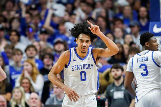 Kentucky forward Jacob Toppin celebrates the Wildcats making a defensive stop against Tennessee during Saturday’s game at Rupp Arena.