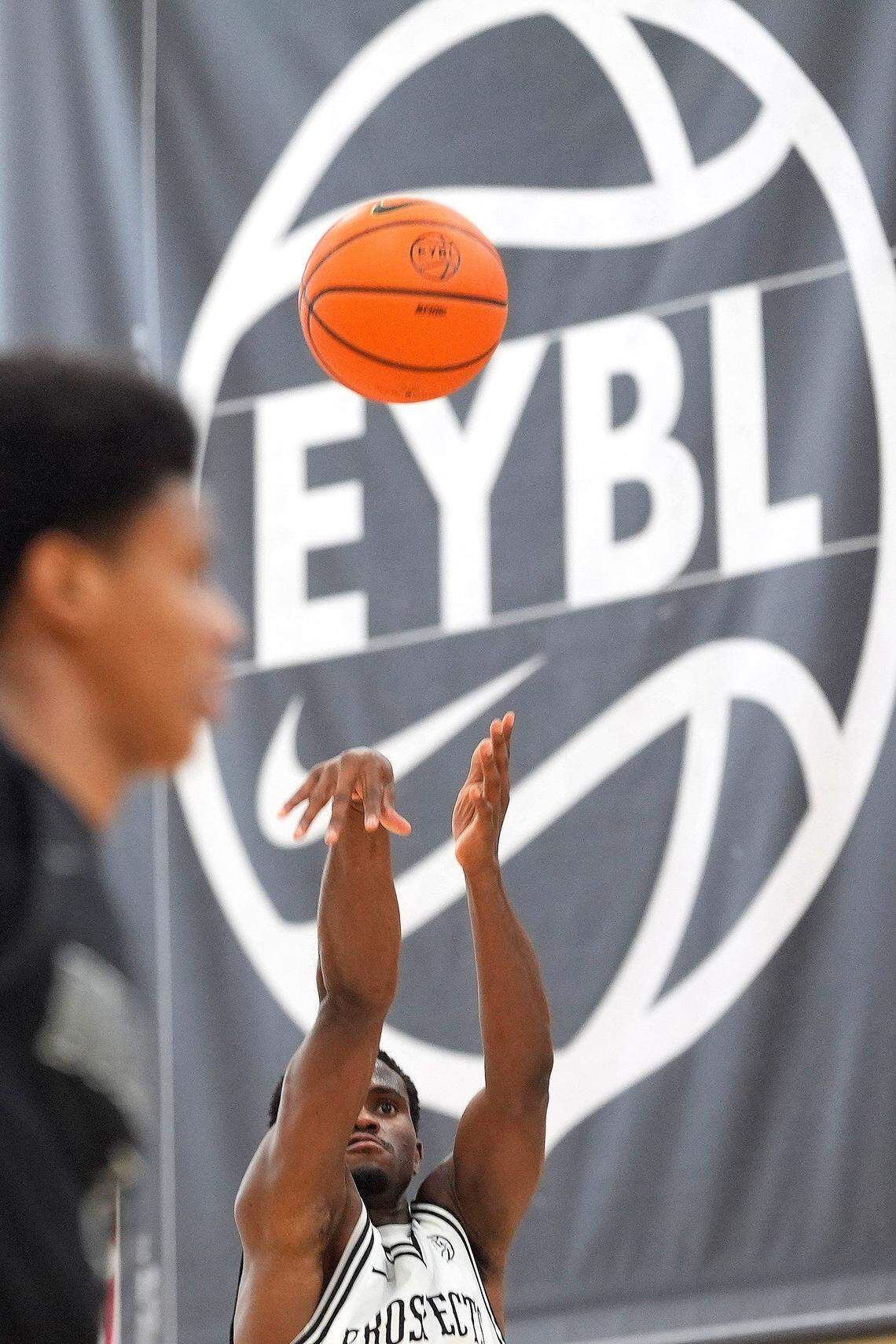 July 16, 2025; North Augusta, South Carolina, USA; Utah Prospects Ikenna Alozie (5) shoots the ball during the Team Durant and Utah Prospects game at the Nike EYBL Peach Jam at Riverview Park Activities Center. Team Durant won 82-74. Mandatory Credit: Katie Goodale - Augusta Chronicle/USA TODAY NETWORK