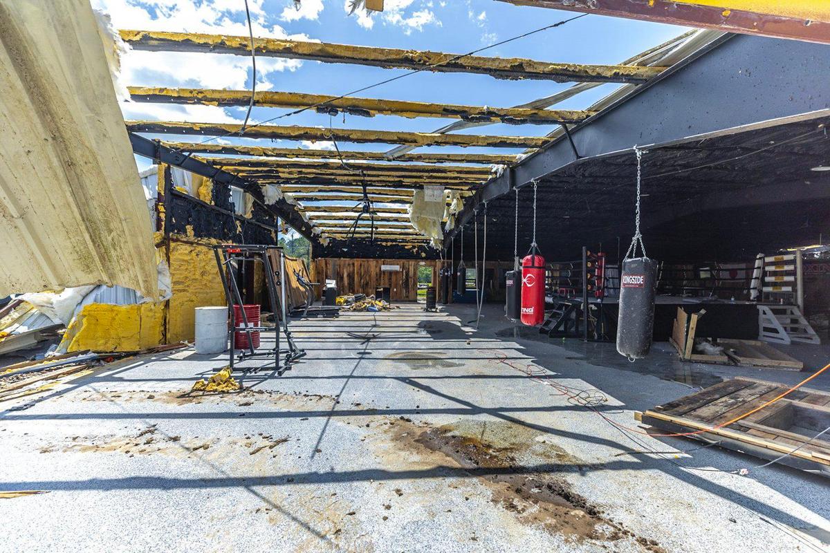 A building without a roof is photographed in London, Ky., on Thursday, May 22, 2025, after it was destroyed by a tornado. A violent storm system ripped across Kentucky, destroying homes and businesses on May 16.
