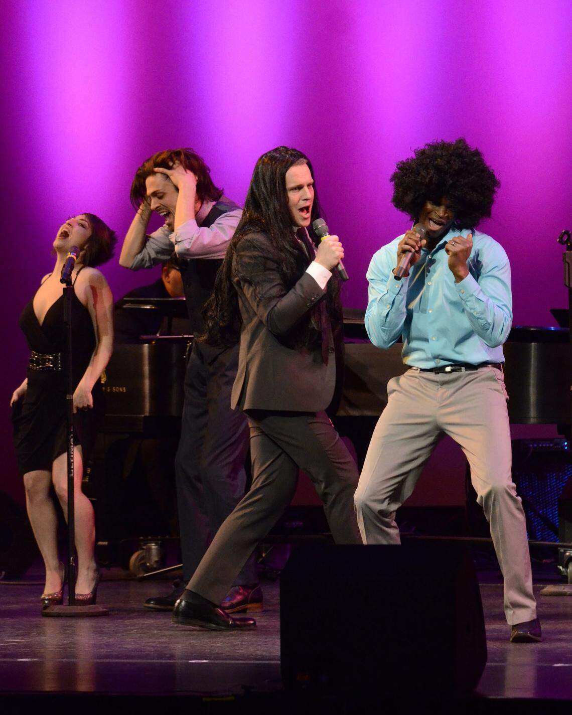Jonathan Groff and Darian Sanders lead a performance of the title tune from “Hair” in the inaugural production of the Lexington Theatre Company was Concert with the Stars, Jan. 10, 2015, at the Lexington Opera House. It featured Broadway stars Laura Bell Bundy, Jonathan Groff and Mara Davi. Photo by Rich Copley | Herald-Leader staff.