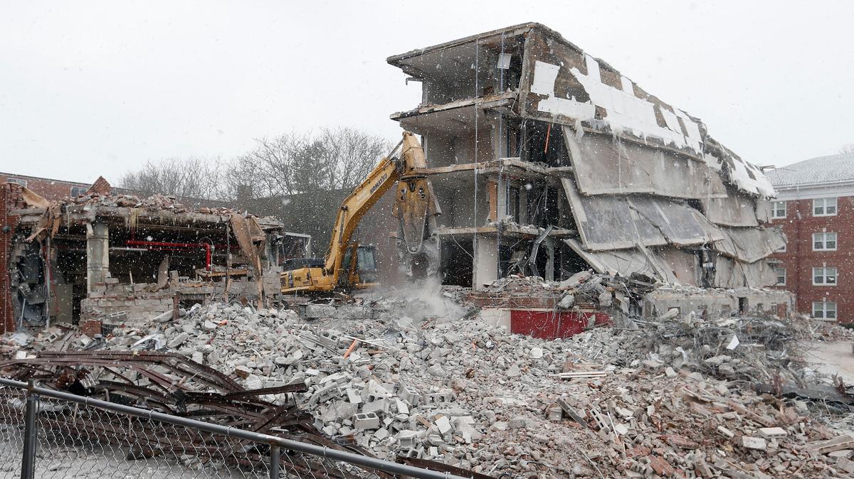 Demolition continued Tuesday morning at Transylvania University as the 60-year-old Forrer Hall on South Broadway comes down to make way for the new, $30 million Campus Center.