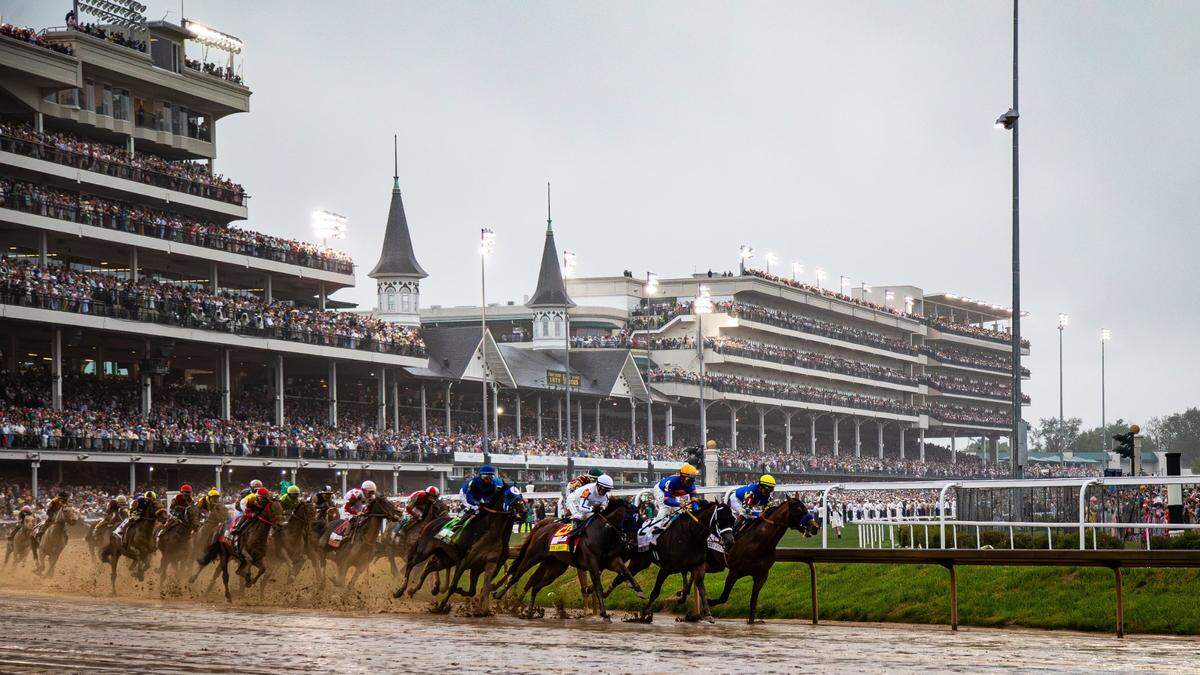 The field races during the 151st Kentucky Derby at Churchill Downs on May 3, 2025, in Louisville.