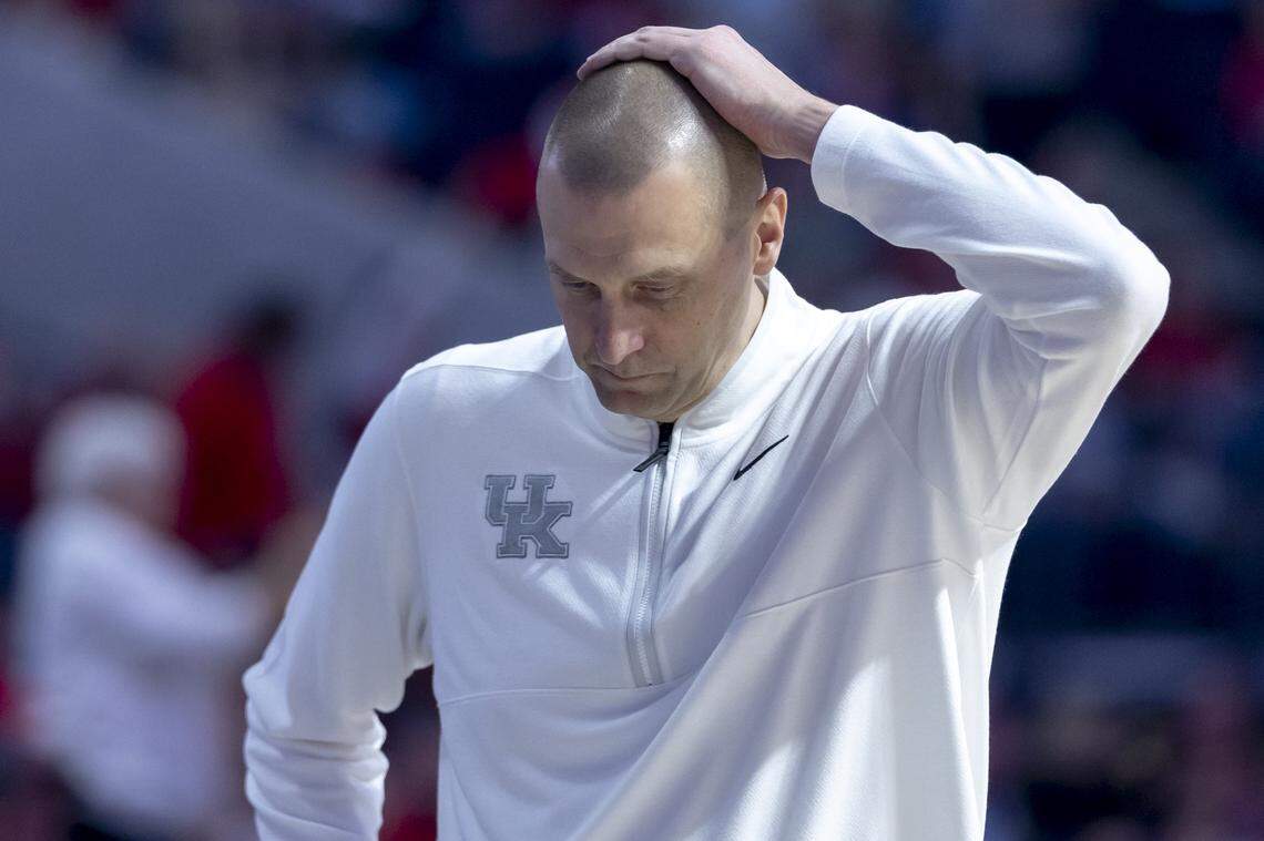 Kentucky head coach Mark Pope reacts during Tuesday’s game against Mississippi in Oxford, Miss.