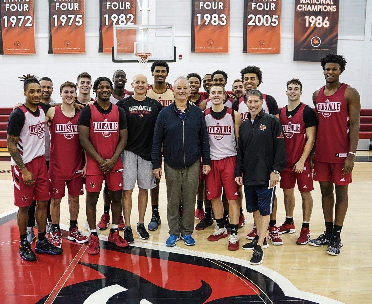 Legendary actor/comedian Bill Murray posed with the Louisville Cardinals basketball team for a photo posted on the team’s Twitter account. Murray’s son, Luke, is an assistant coach at U of L.