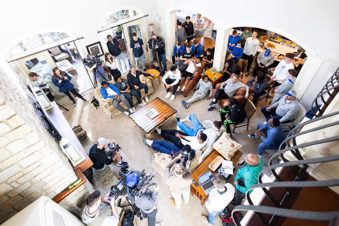 The Kentucky basketball team watches the selection show from John Calipari’s house in Lexington.
