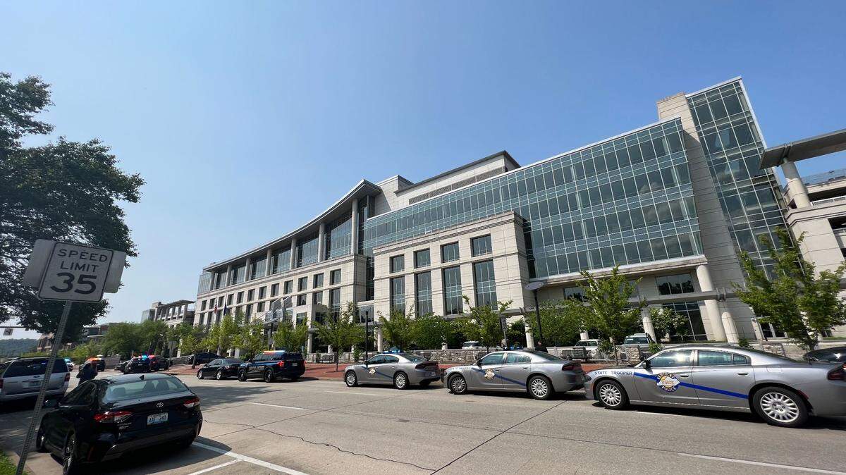 Multiple law enforcement agencies responded to the Kentucky Transportation Cabinet office in Frankfort, May 17, 2023, after reports of a potential shooting incident inside the building.