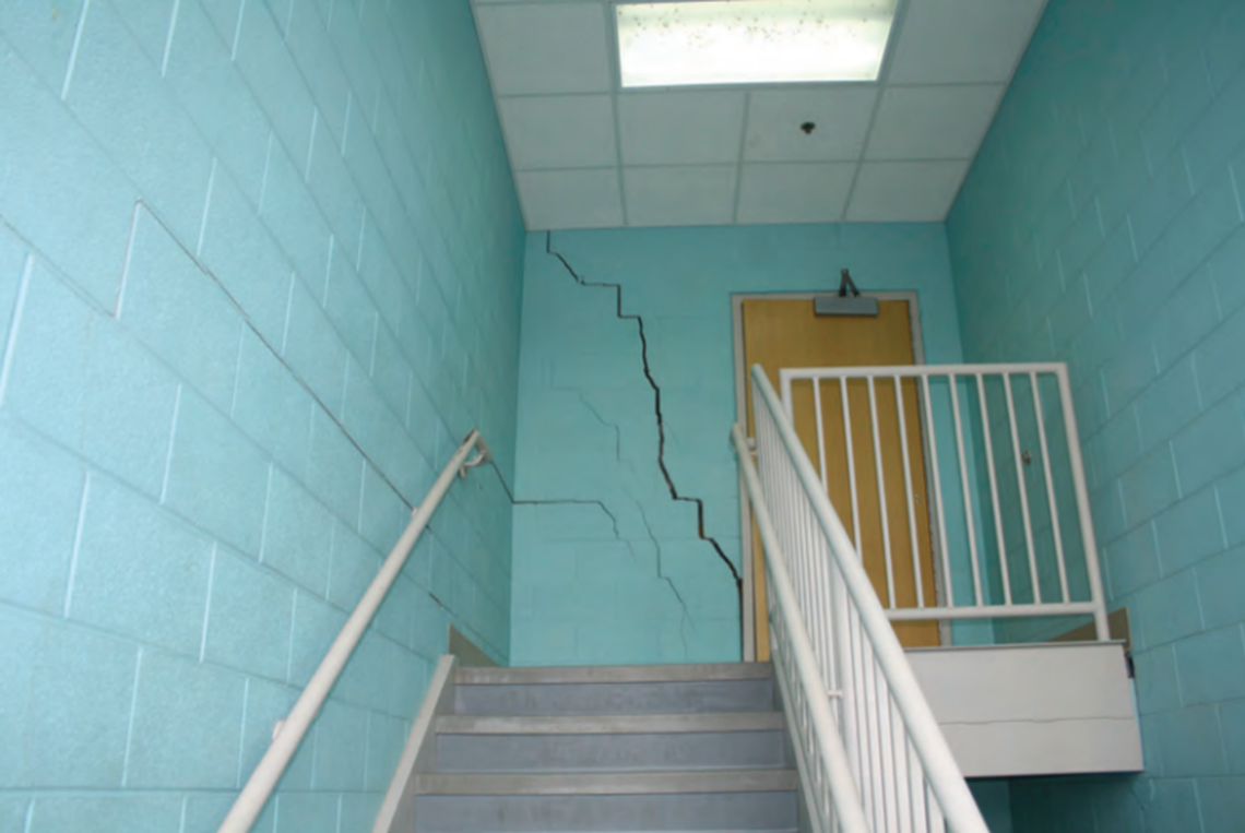 The front stairwell at the Knott County Sportsplex is considered badly damaged from cracks and shifting.