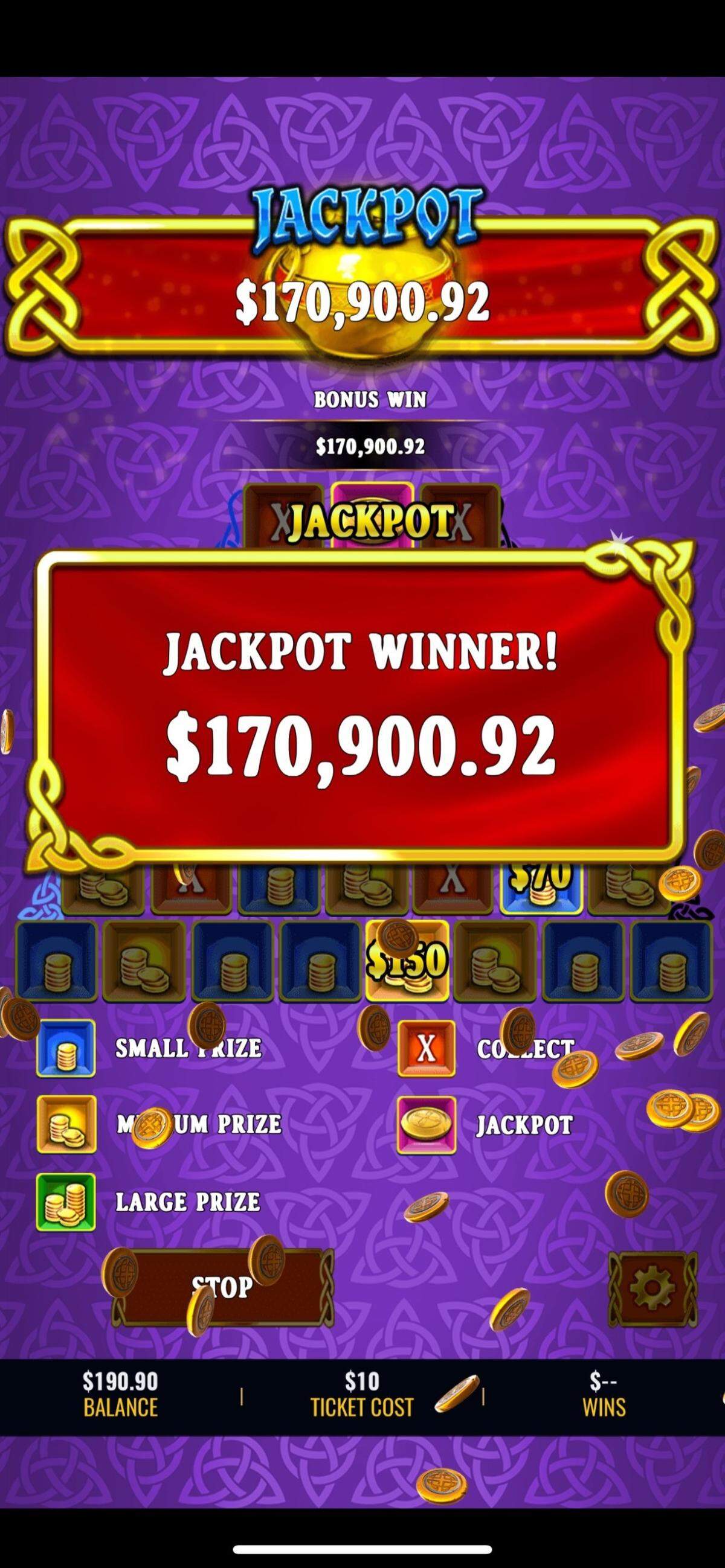This screen capture from the Kentucky Lottery shows the recent jackpot win of a Vine Grove won who took home more than $122,000 after playing Celtic Coins Jackpot Instant Play.