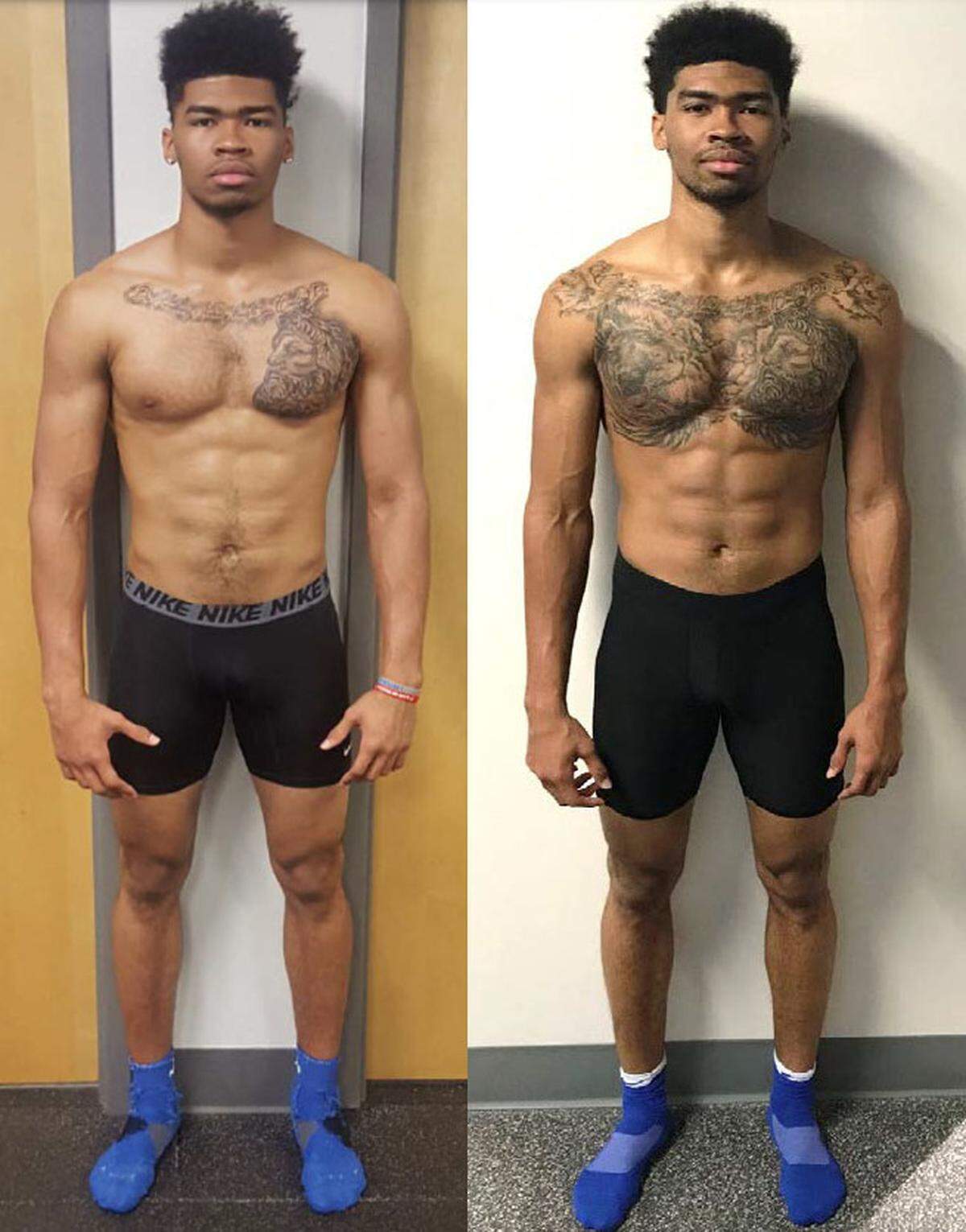 Nick Richards was photographed before his freshman season (left) and his sophomore season (right).