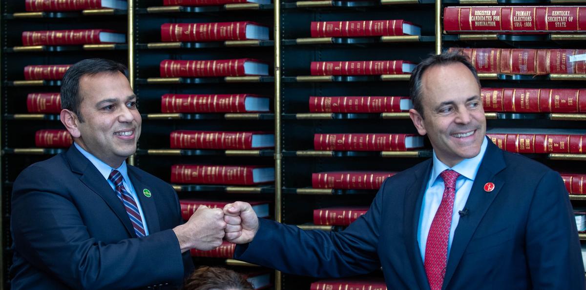 Kentucky Gov. Matt Bevin, right, introduced his lieutenant governor running mate, Republican state Sen. Ralph Alvarado of Winchester, on Friday, Jan. 25, 2019 in Frankfort, Ky.